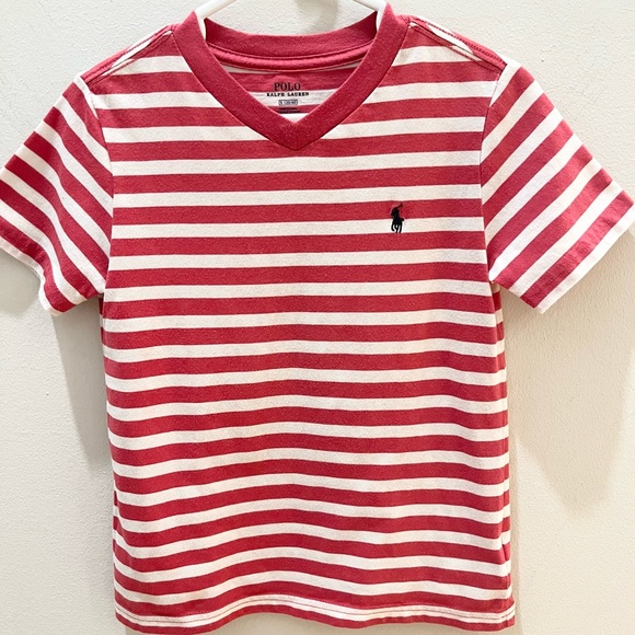 Polo by Ralph Lauren Striped Cotton Jersey V-Neck Tee Boys Red Size 5 120 - Picture 1 of 6